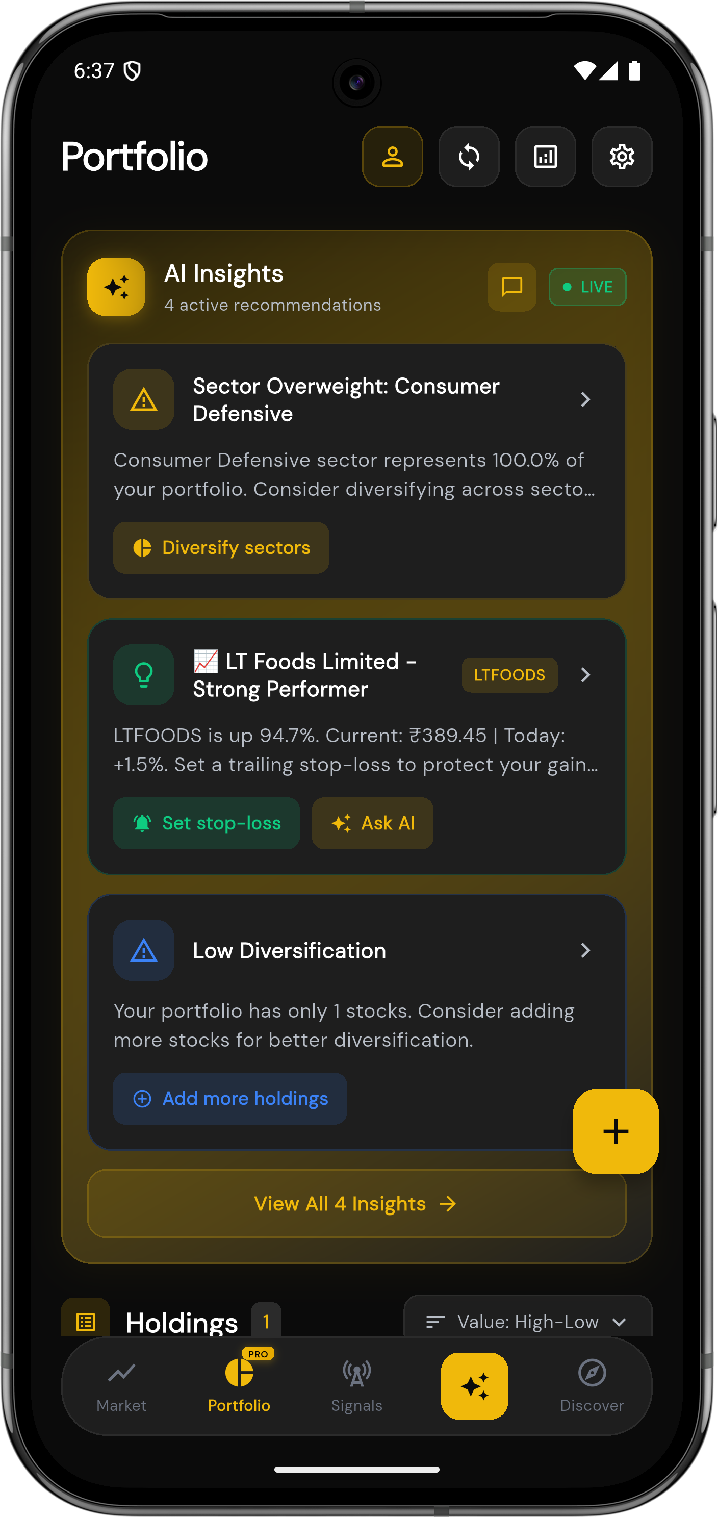 Marketdesk AI portfolio insights with sector analysis and recommendations
