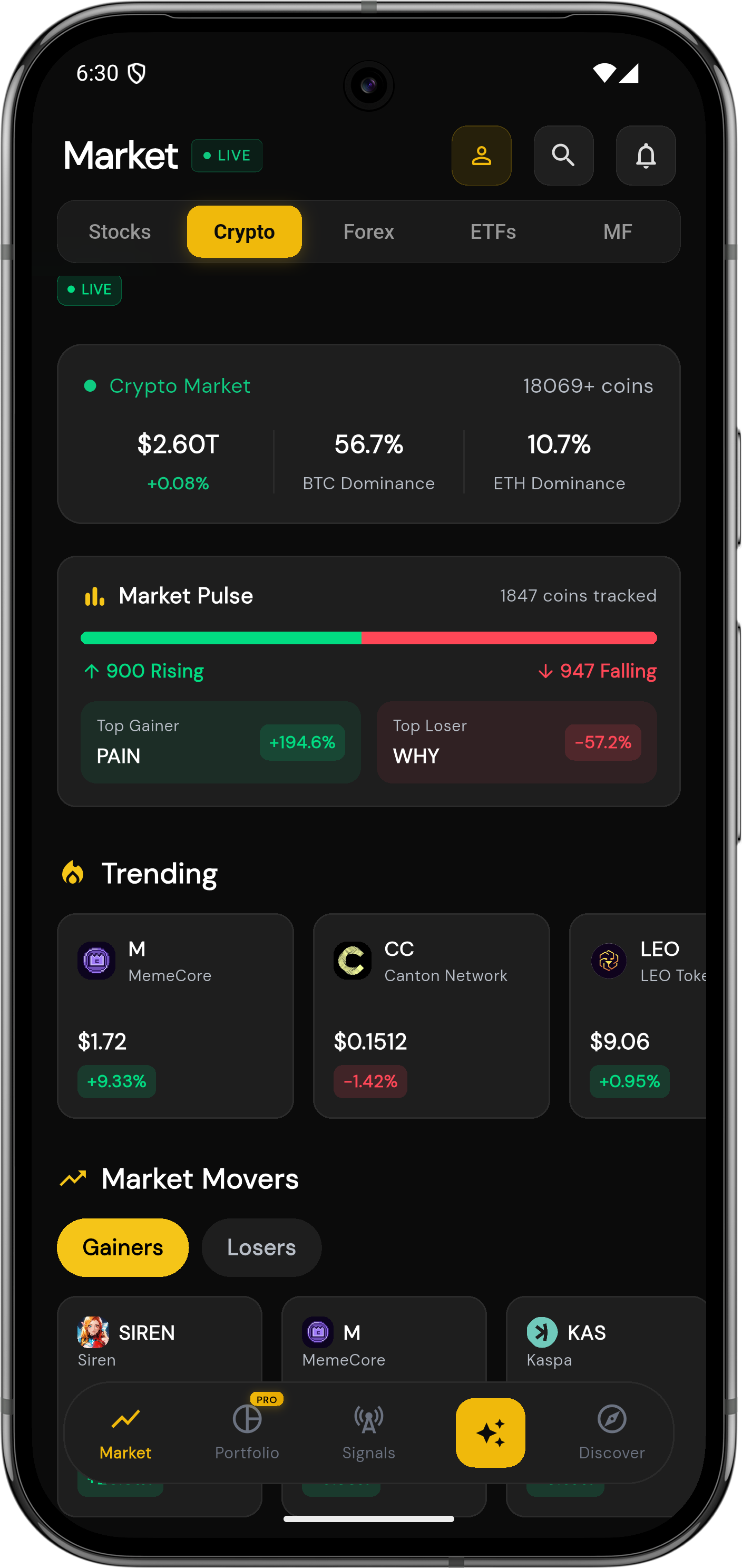 Marketdesk AI crypto heatmap showing market pulse, trending coins, and gainers