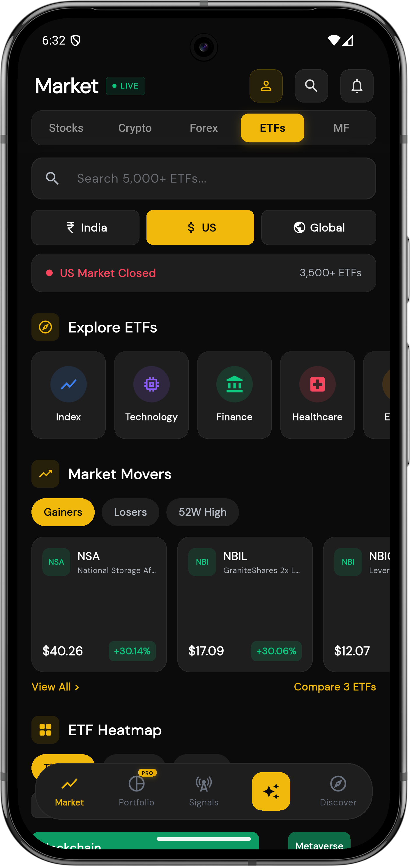 Marketdesk AI ETF explorer with heatmap, movers, and categories