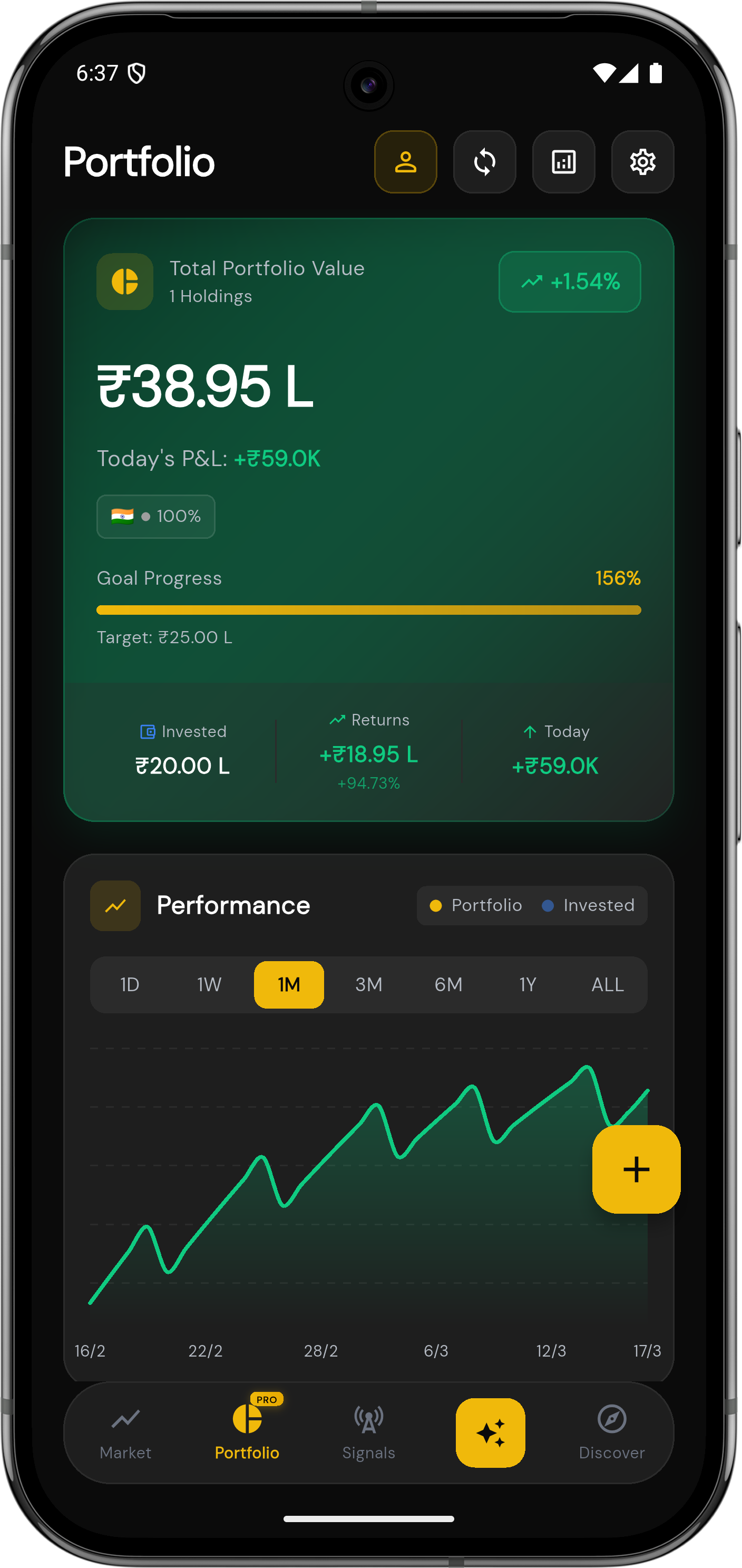Marketdesk AI portfolio tracker with total value, P&L, performance chart