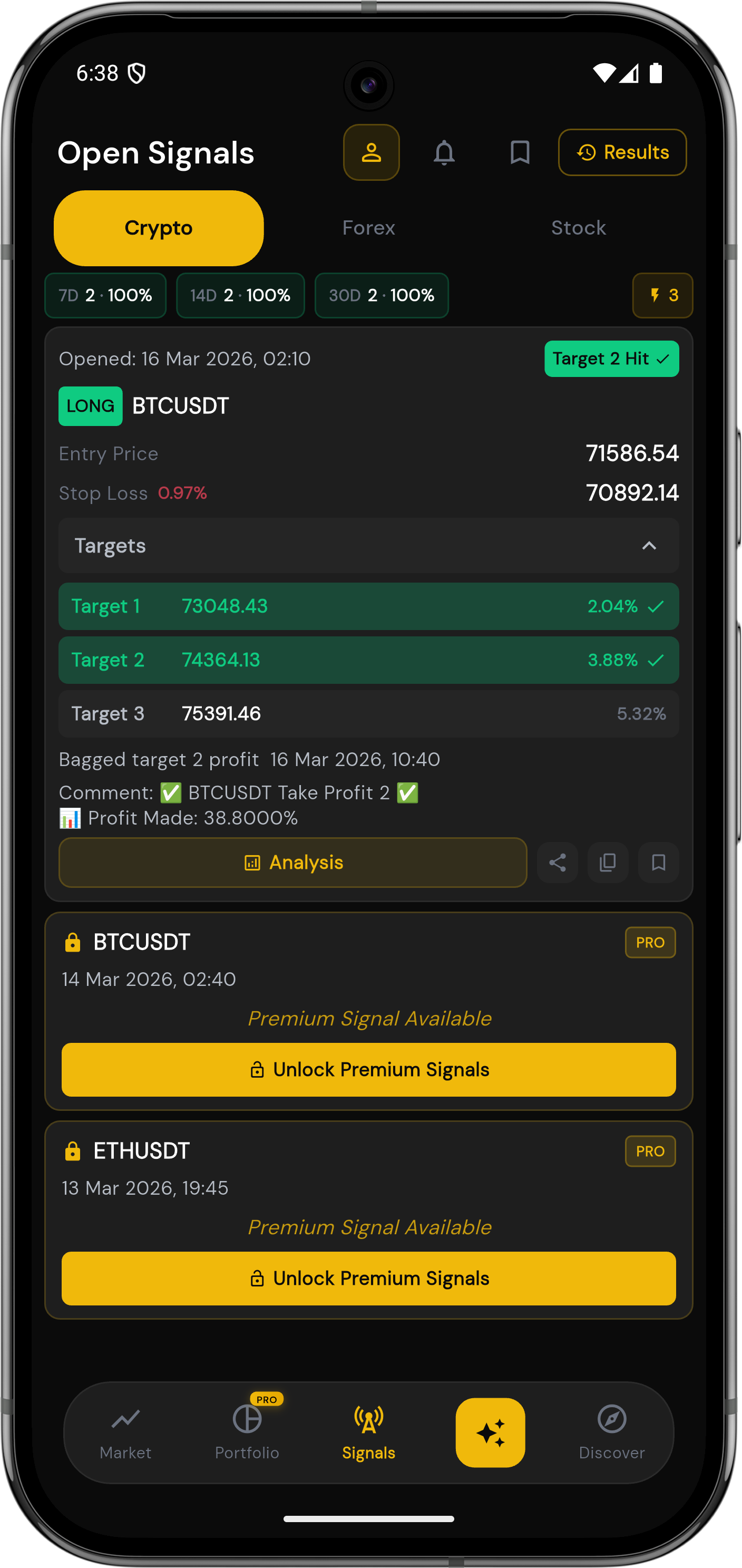 Marketdesk AI trading signals with entry price, targets, and stop loss for crypto